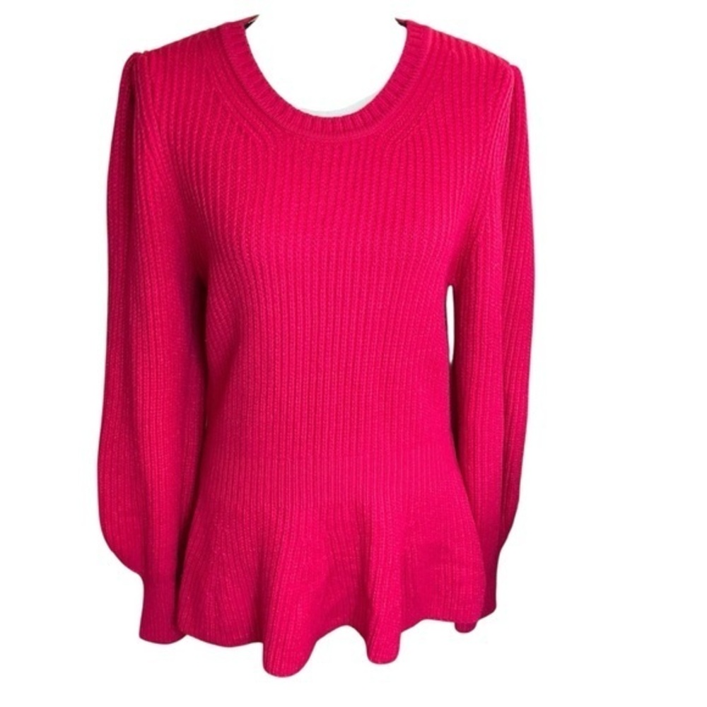 Ophelia Roe Vibrant Fuchsia Sweater Crew Neck Long Bishop Sleeve Peplum Waist XL